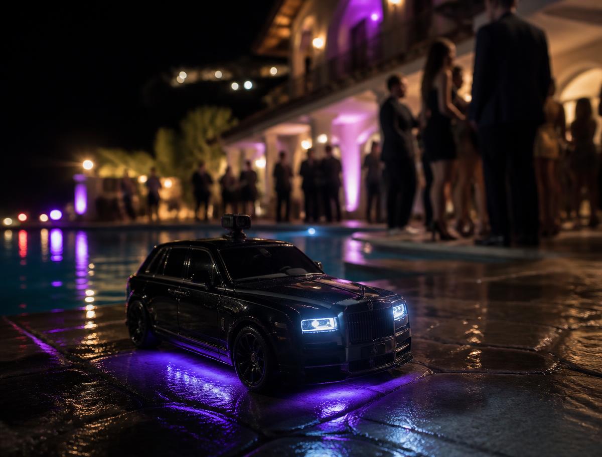 FURTIVO parked at a night villa pool party, violet underglow on wet stone