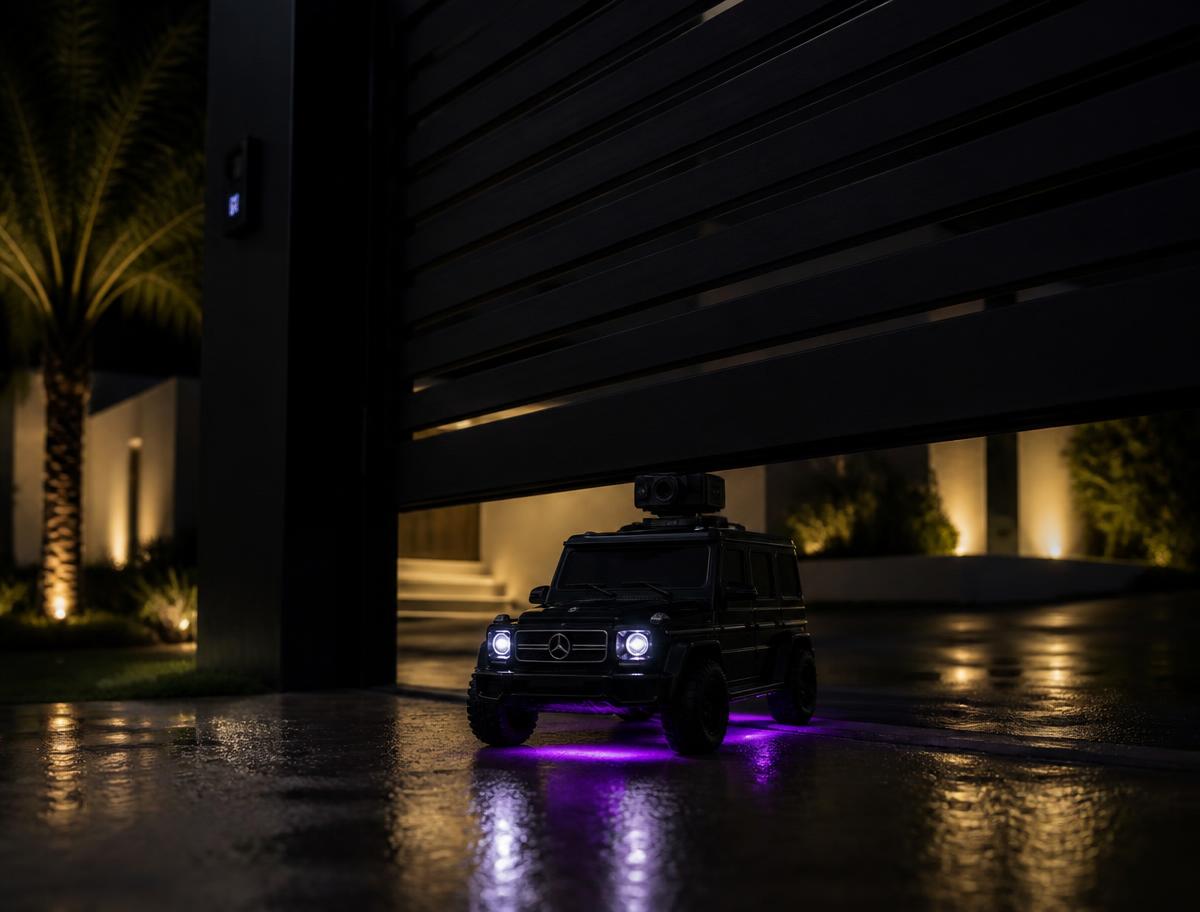 FURTIVO slipping under a raised luxury security gate at night