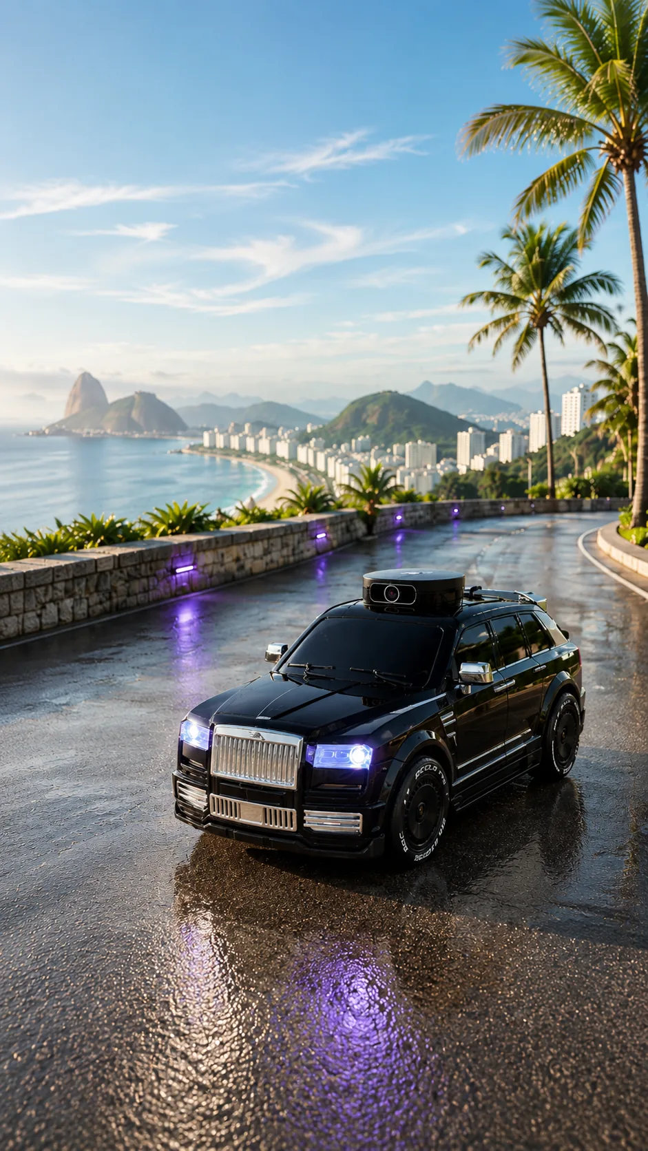 FURTIVO 911S Camera RC in glossy black with roof camera module on a sunlit Rio coastal road