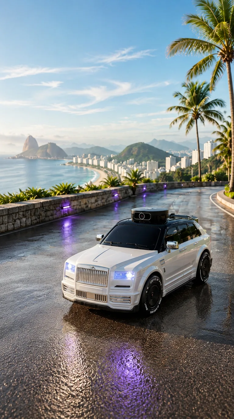 FURTIVO 911S Camera RC in pearl white with roof camera module on a sunlit Rio coastal road